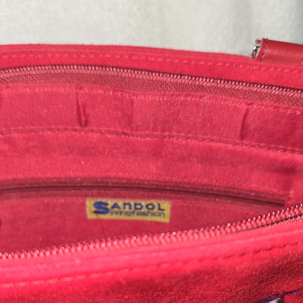 Sandol Living Fashion Red Faux Suede Embroidered Handbag - Picture 4 of 11